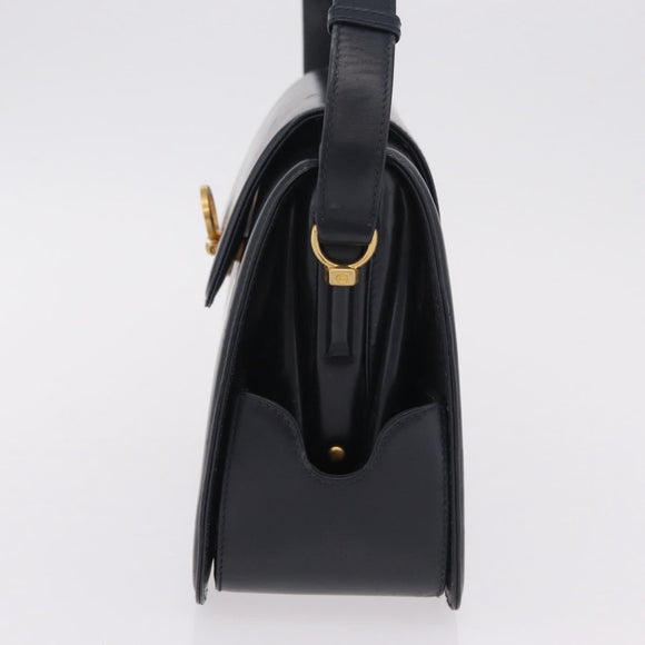 GUCCI Shoulder Bag Leather Navy Gold Auth 206895