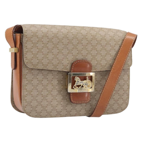 CELINE Macadam Canvas Horse Carriage Shoulder Bag PVC Beige Gold Auth 206923
