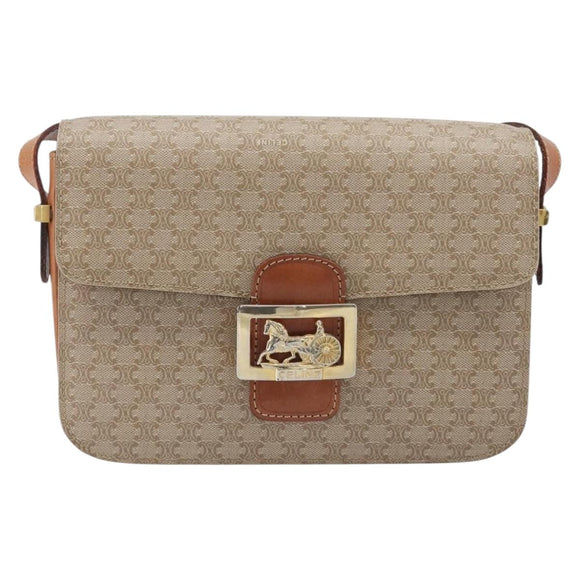 CELINE Macadam Canvas Horse Carriage Shoulder Bag PVC Beige Gold Auth 206923
