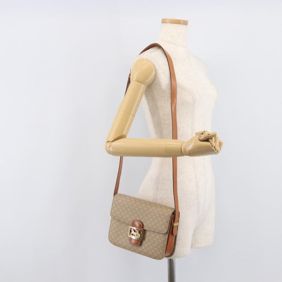 CELINE Macadam Canvas Horse Carriage Shoulder Bag PVC Beige Gold Auth 206923