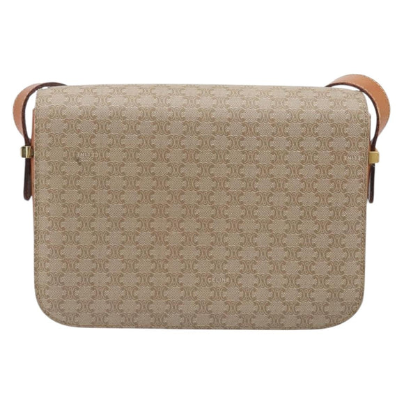 CELINE Macadam Canvas Horse Carriage Shoulder Bag PVC Beige Gold Auth 206923