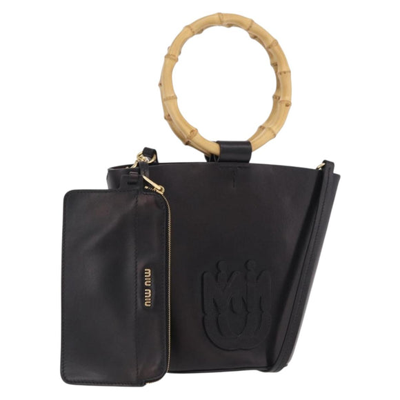 Miu Miu Bamboo Handle Hand Bag Leather 2way Black Gold Auth 206928M