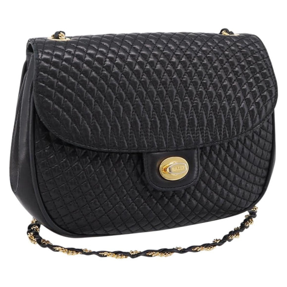 Bally Chain Shoulder Bag Leather Black Gold Auth 207009A