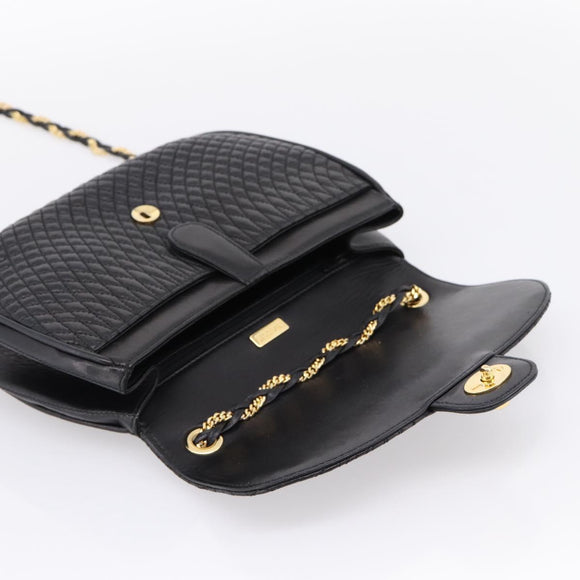 Bally Chain Shoulder Bag Leather Black Gold Auth 207009A