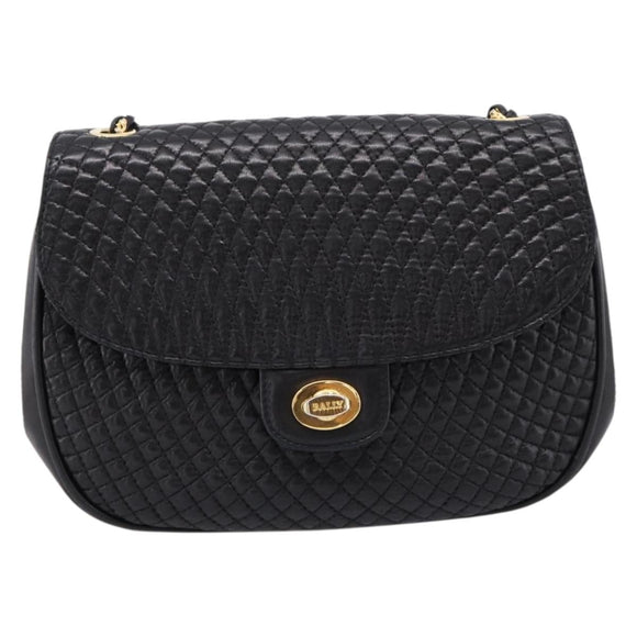 Bally Chain Shoulder Bag Leather Black Gold Auth 207009A