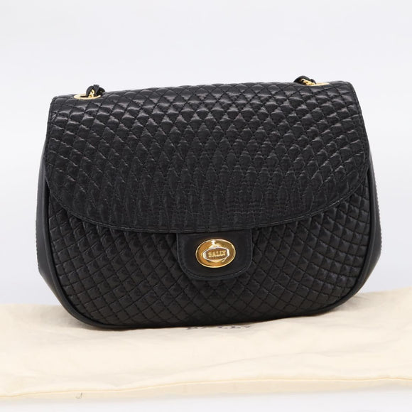 Bally Chain Shoulder Bag Leather Black Gold Auth 207009A