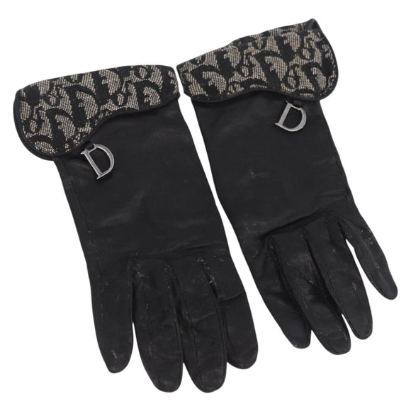Christian Dior Trotter Canvas Gloves Leather Black Auth 207028