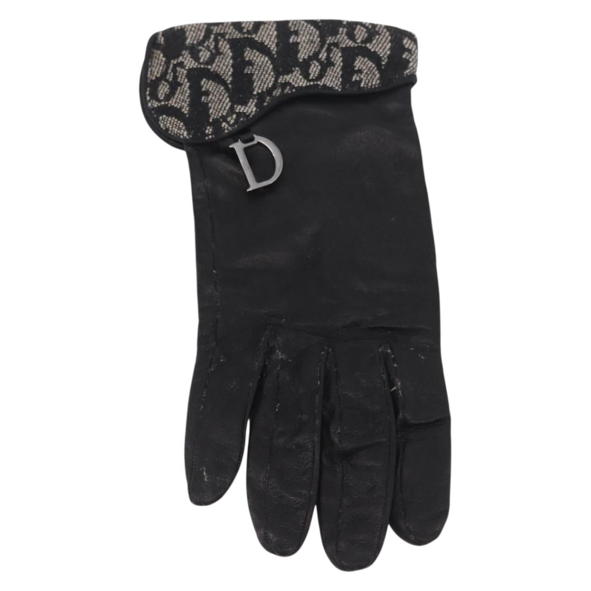 Christian Dior Trotter Canvas Gloves Leather Black Auth 207028