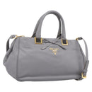 PRADA Hand Bag Leather 2way Gray Gold Auth 207057V-1