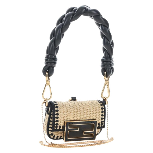 FENDI Nano Bucket Charm Hand Pouch Charm Raffia 2way Beige Gold Auth 207075M