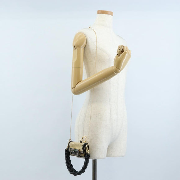 FENDI Nano Bucket Charm Hand Pouch Charm Raffia 2way Beige Gold Auth 207075M