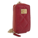 CHANEL 2.55 Matelasse Chain Neck Pouch Lamb Skin Red Gold CC Auth 207080M-1