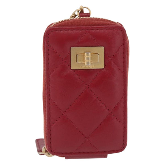 CHANEL 2.55 Matelasse Chain Neck Pouch Lamb Skin Red Gold CC Auth 207080M