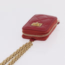 CHANEL 2.55 Matelasse Chain Neck Pouch Lamb Skin Red Gold CC Auth 207080M-6
