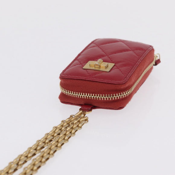 CHANEL 2.55 Matelasse Chain Neck Pouch Lamb Skin Red Gold CC Auth 207080M