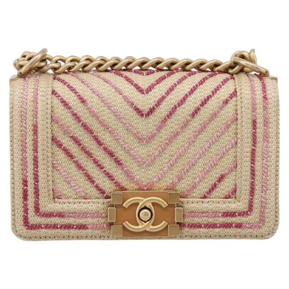 CHANEL Boy Chanel Chain Shoulder Bag Raffia Beige Gold CC Auth 207083SM