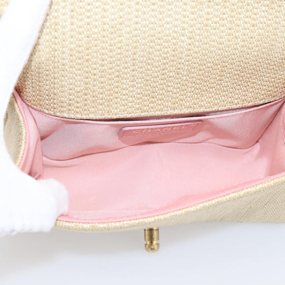 CHANEL Boy Chanel Chain Shoulder Bag Raffia Beige Gold CC Auth 207083SM