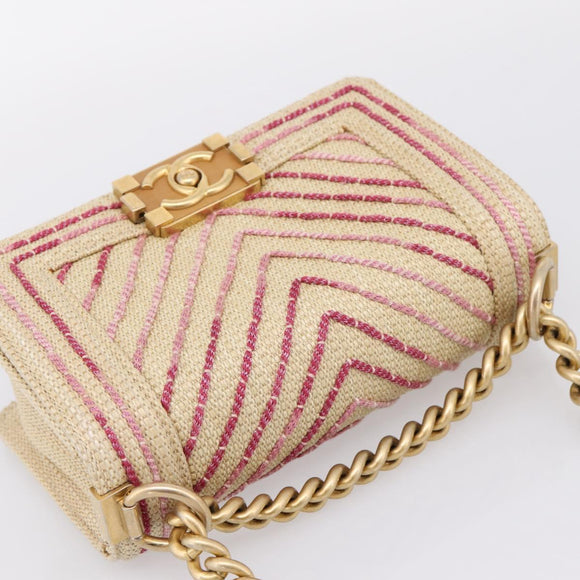 CHANEL Boy Chanel Chain Shoulder Bag Raffia Beige Gold CC Auth 207083SM