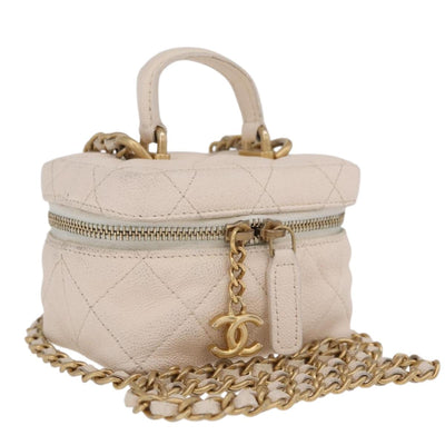 CHANEL Matelasse Vanity Chain Shoulder Pouch Caviar Skin White CC Auth 207090V
