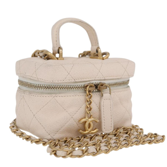 CHANEL Matelasse Vanity Chain Shoulder Pouch Caviar Skin White CC Auth 207090V