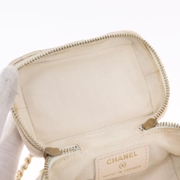 CHANEL Matelasse Vanity Chain Shoulder Pouch Caviar Skin White CC Auth 207090V