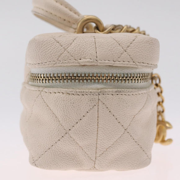 CHANEL Matelasse Vanity Chain Shoulder Pouch Caviar Skin White CC Auth 207090V