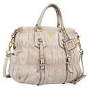 PRADA Gathered Hand Bag Leather 2way Beige Gold Auth 207092A-1