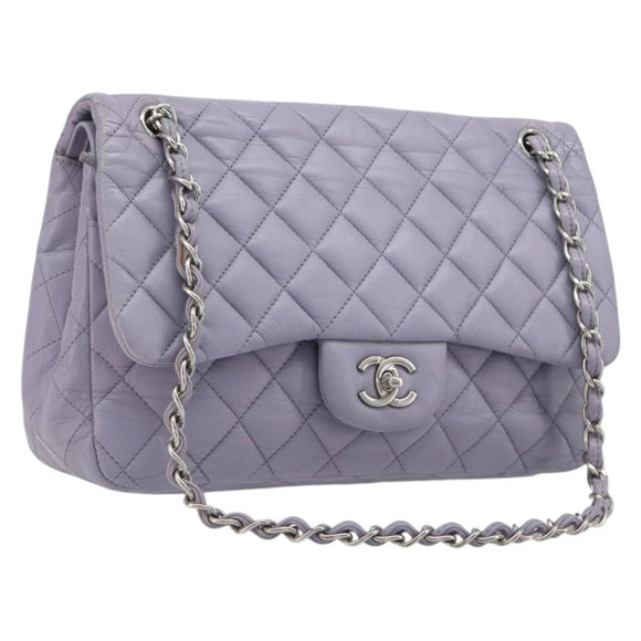 CHANEL Big Matelasse30 Chain Shoulder Bag Lamb Skin Purple Silver CC Auth 207100
