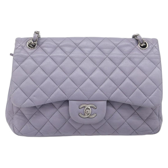 CHANEL Big Matelasse30 Chain Shoulder Bag Lamb Skin Purple Silver CC Auth 207100