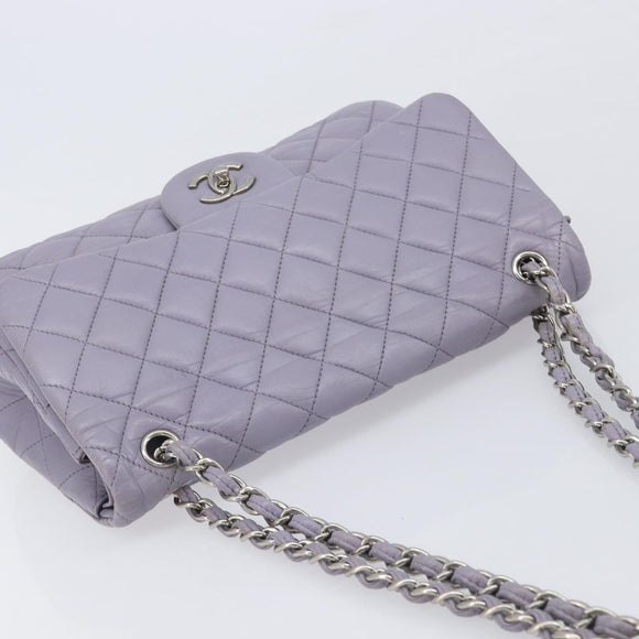 CHANEL Big Matelasse30 Chain Shoulder Bag Lamb Skin Purple Silver CC Auth 207100