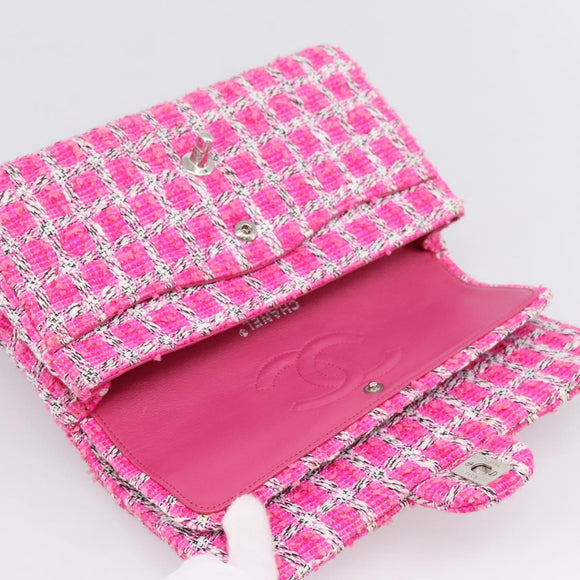 CHANEL Chain Matelasse 25 Shoulder Bag tweed Pink Silver CC Auth 207101SM