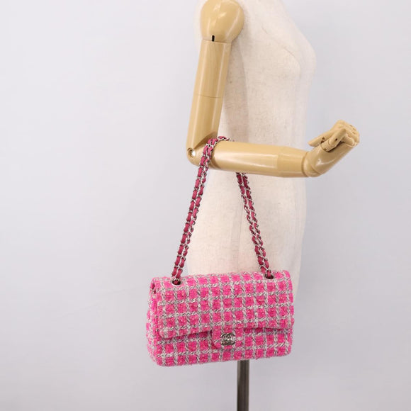 CHANEL Chain Matelasse 25 Shoulder Bag tweed Pink Silver CC Auth 207101SM