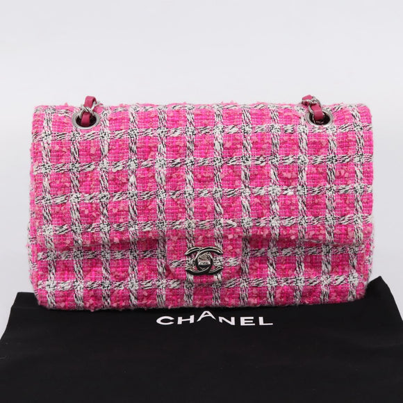 CHANEL Chain Matelasse 25 Shoulder Bag tweed Pink Silver CC Auth 207101SM