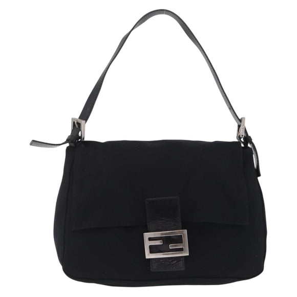 FENDI Mamma Baguette Shoulder Bag Cotton jersey Black Silver Auth 207120