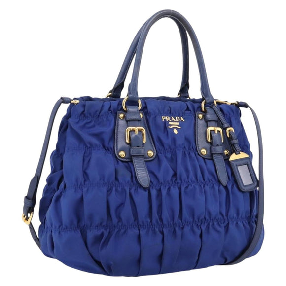 PRADA Gathered Hand Bag Nylon 2way Blue Gold Auth 207154A
