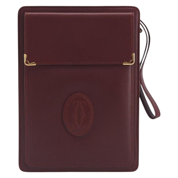 Cartier Must Line Clutch Bag Leather Bordeaux Gold Auth 207205V