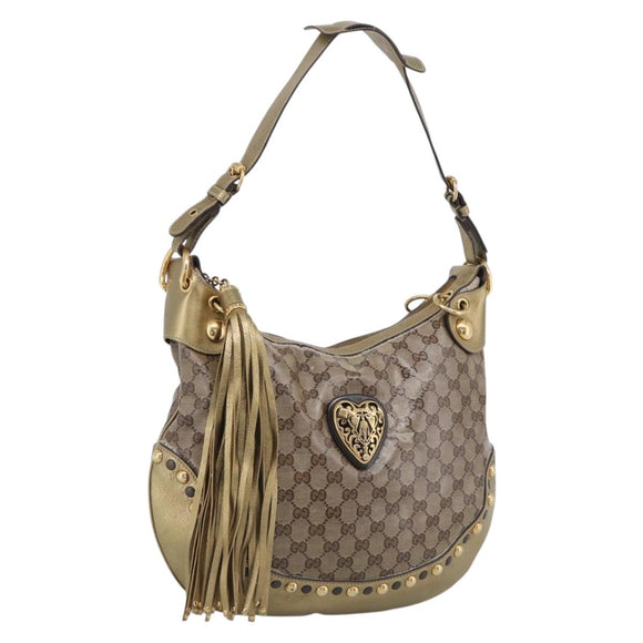 GUCCI GG Crystal Shoulder Bag Patent leather Beige Gold Auth 207208
