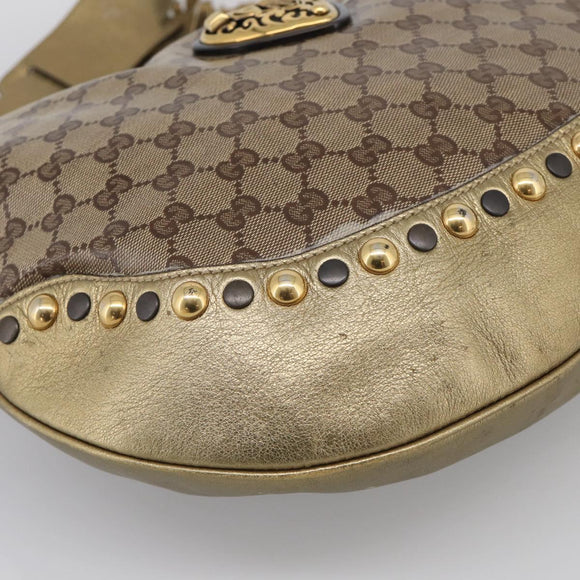 GUCCI GG Crystal Shoulder Bag Patent leather Beige Gold Auth 207208