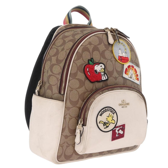 Coach Signature Snoopy Backpack Leather Beige Gold Auth 207211A