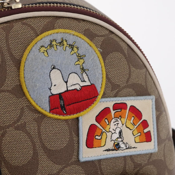 Coach Signature Snoopy Backpack Leather Beige Gold Auth 207211A