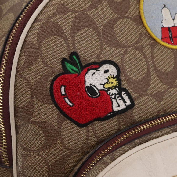 Coach Signature Snoopy Backpack Leather Beige Gold Auth 207211A