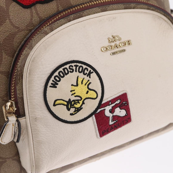 Coach Signature Snoopy Backpack Leather Beige Gold Auth 207211A