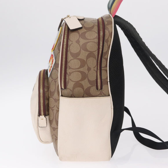Coach Signature Snoopy Backpack Leather Beige Gold Auth 207211A