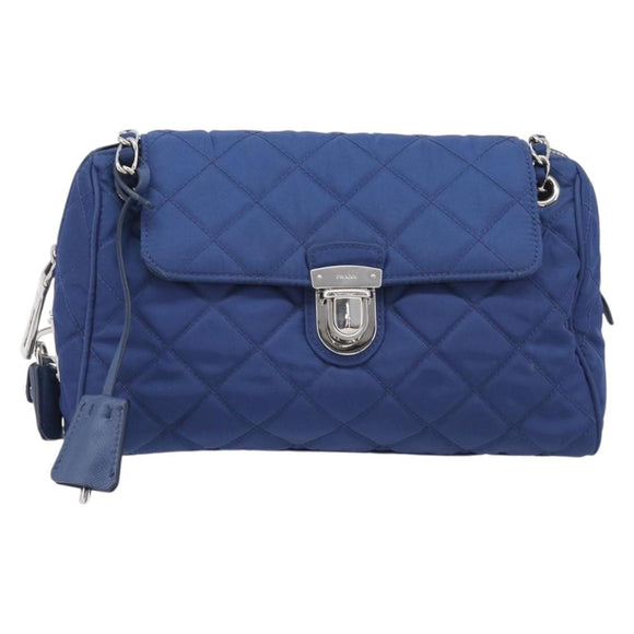 PRADA Chain Shoulder Bag Nylon Blue Silver Auth 207212A
