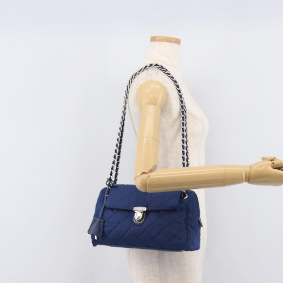 PRADA Chain Shoulder Bag Nylon Blue Silver Auth 207212A
