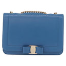 Salvatore Ferragamo Vala Chain Shoulder Bag Leather Blue Gold Auth 207221V-13