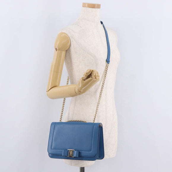 Salvatore Ferragamo Vala Chain Shoulder Bag Leather Blue Gold Auth 207221V