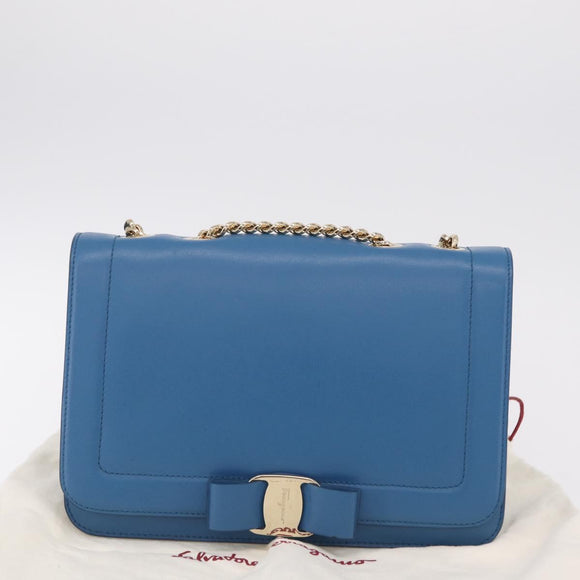 Salvatore Ferragamo Vala Chain Shoulder Bag Leather Blue Gold Auth 207221V