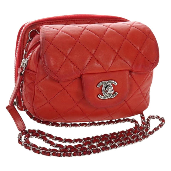 CHANEL Matelasse Chain Shoulder Wallet Lamb Skin Orange Silver CC Auth 207243V