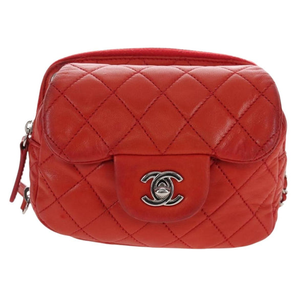 CHANEL Matelasse Chain Shoulder Wallet Lamb Skin Orange Silver CC Auth 207243V